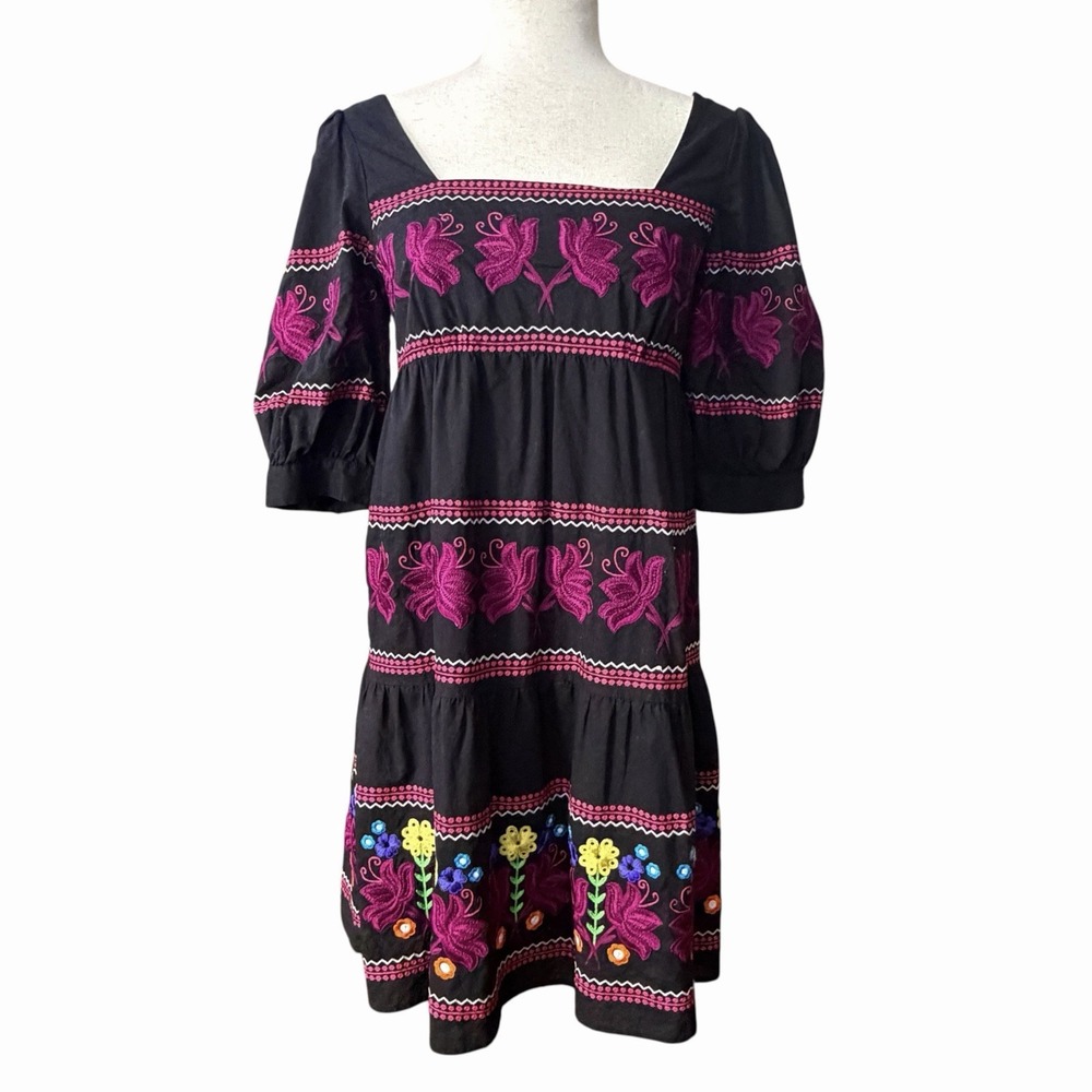 MODA INT'L Babydoll Embroidered Floral Dress Sz 6 •Peasant Folkcore Global Chic